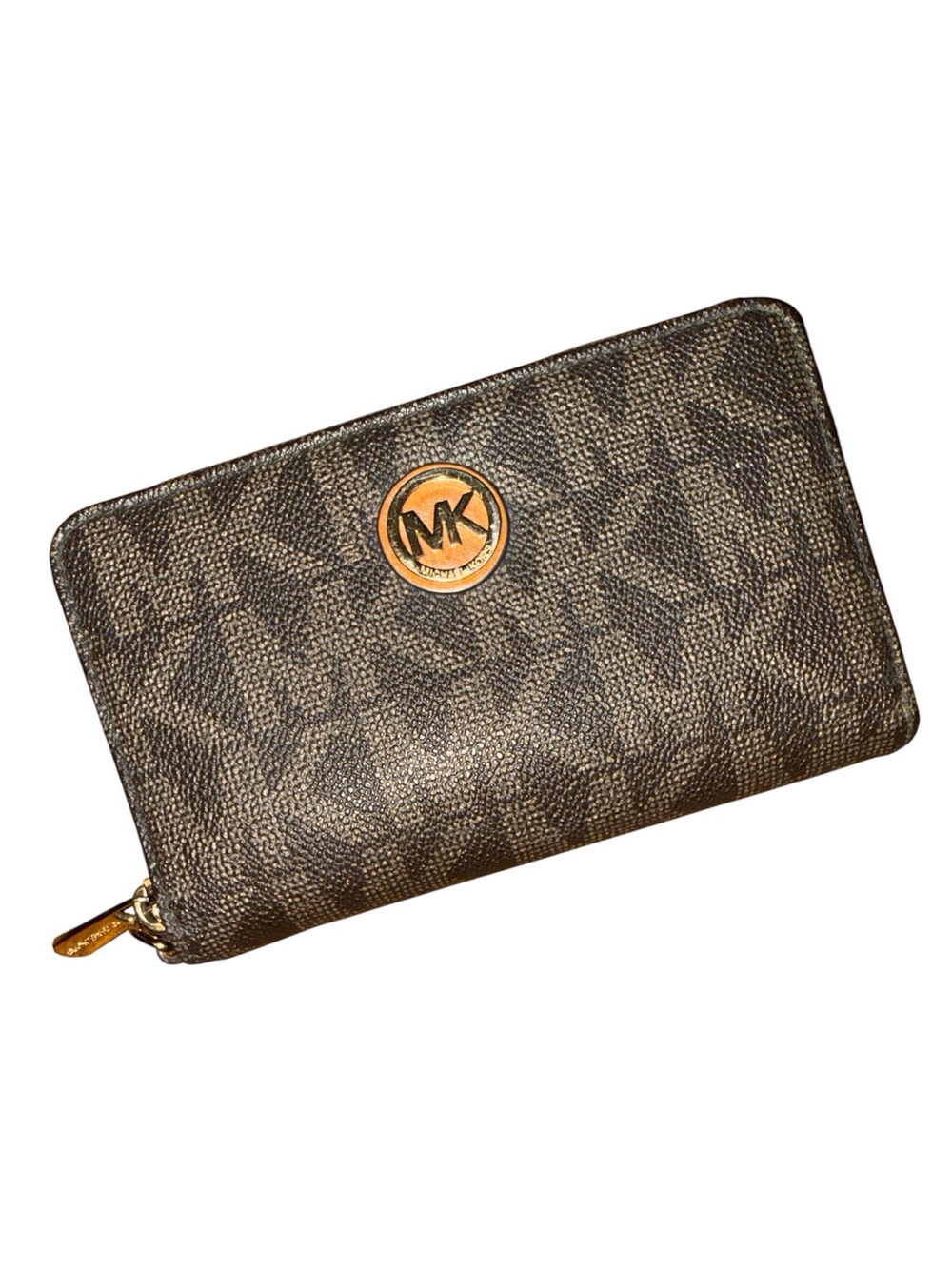 •MICHAEL KORS•BROWN & ACORN FULTON MULTIFUNCTION GOLD MK LOGO PHONE CASE/WALLET